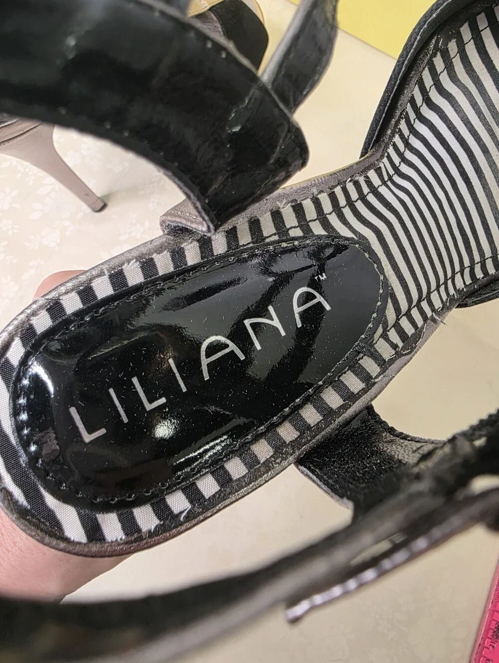 Liliana Black Faux Suede Metallic Silver T-Strap Platform Stiletto Heels 7.5